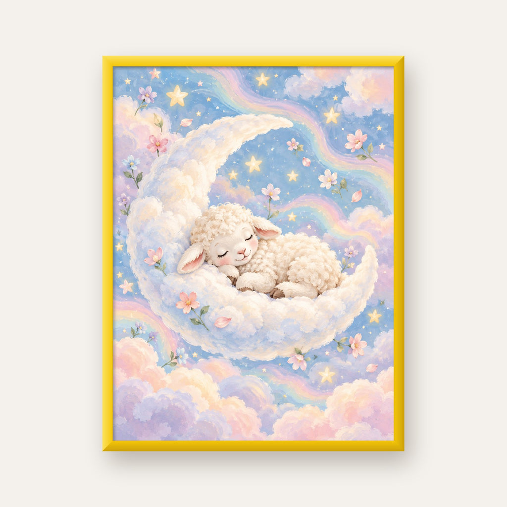 Uyuyan Kuzu ve Masalsı Gökyüzü Pastel Poster — sarı çerçeveli