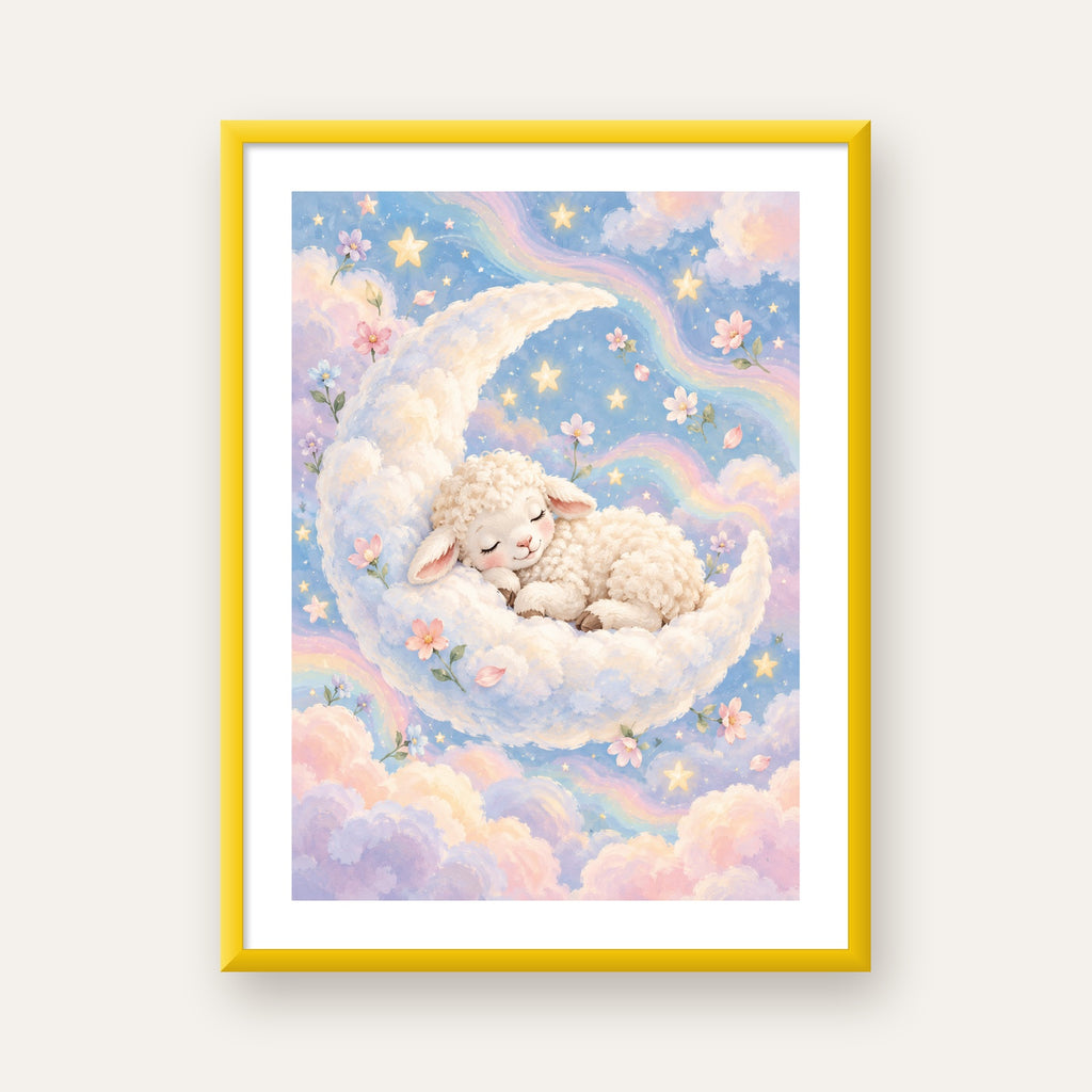 Uyuyan Kuzu ve Masalsı Gökyüzü Pastel Poster — sarı çerçeveli paspartulu