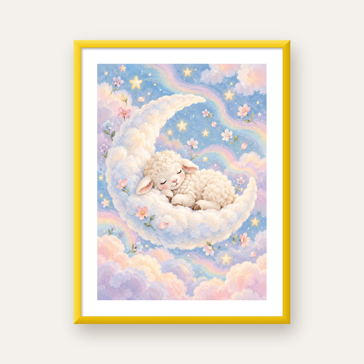 Uyuyan Kuzu ve Masalsı Gökyüzü Pastel Poster — sarı çerçeveli paspartulu