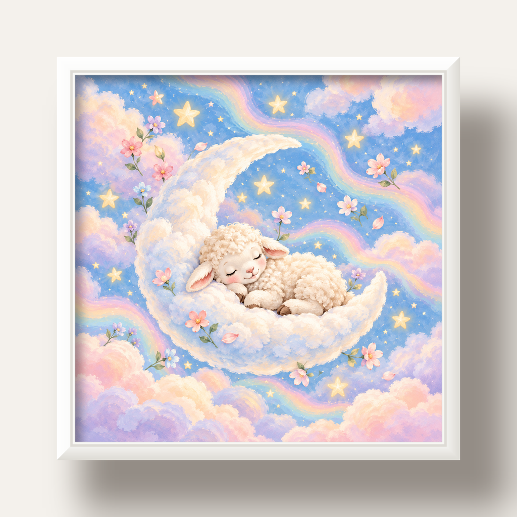 Uyuyan Kuzu ve Masalsı Gökyüzü Pastel Poster — beyaz derin çerçeveli