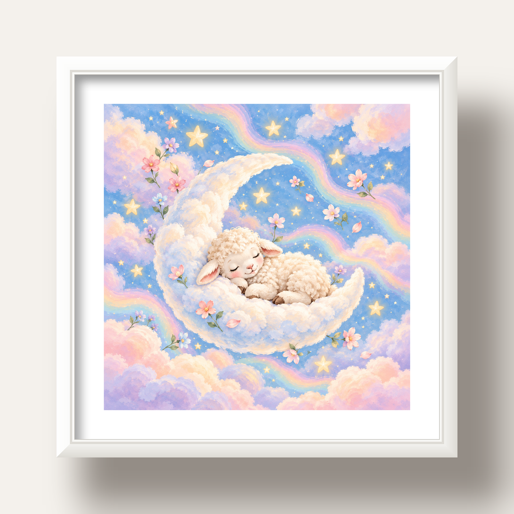 Uyuyan Kuzu ve Masalsı Gökyüzü Pastel Poster — beyaz derin çerçeveli paspartulu