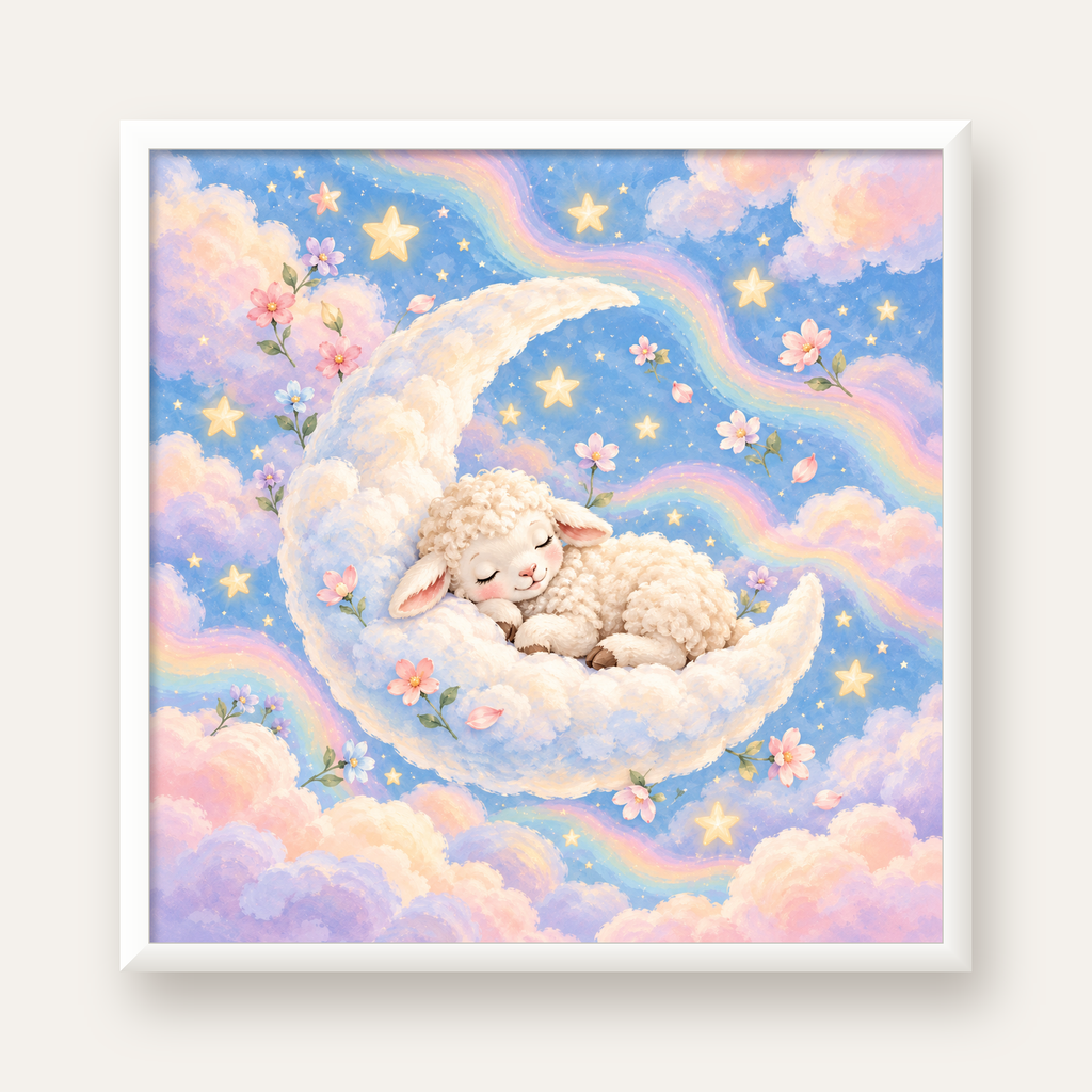 Uyuyan Kuzu ve Masalsı Gökyüzü Pastel Poster — beyaz çerçeveli kare poster
