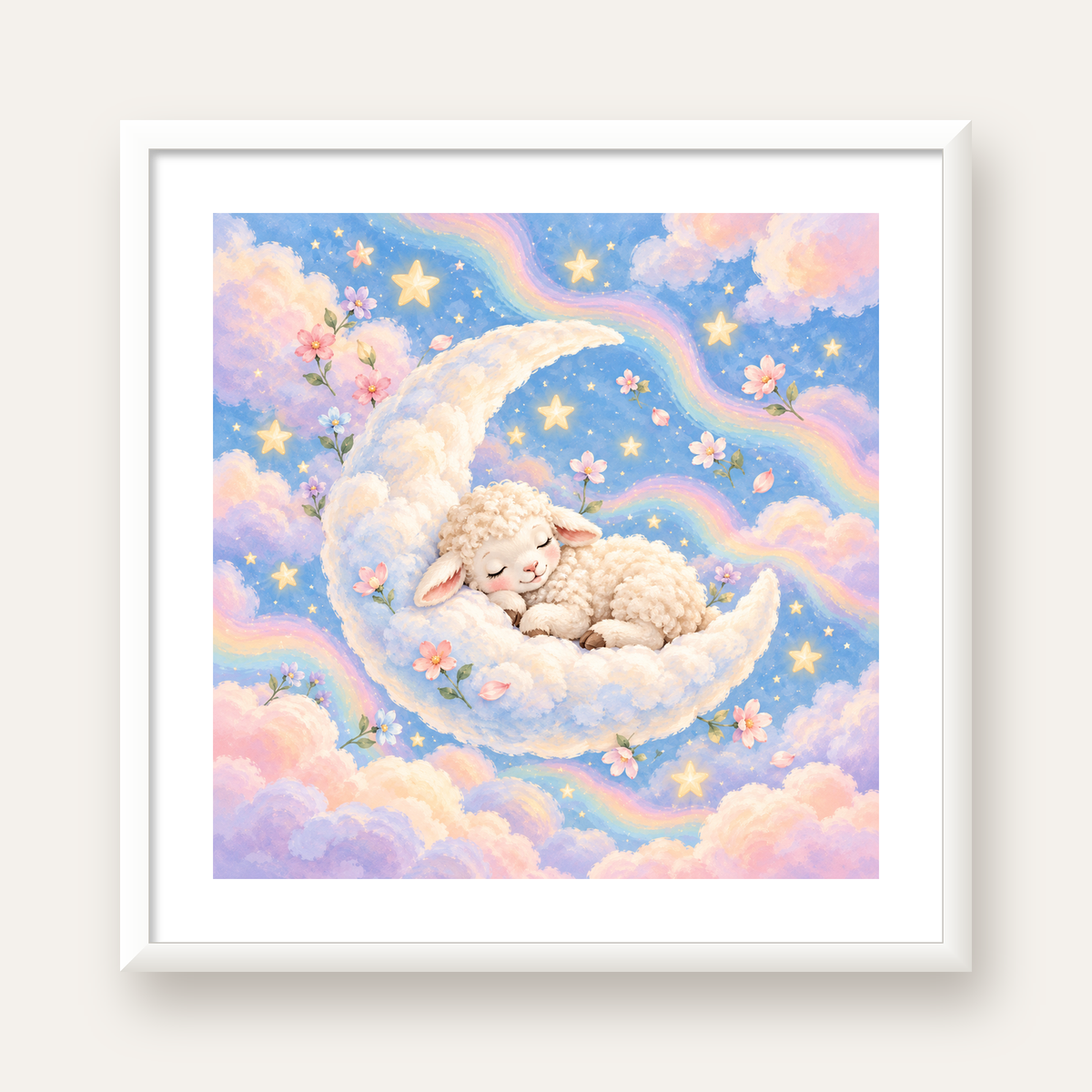 Uyuyan Kuzu ve Masalsı Gökyüzü Pastel Poster — beyaz çerçeveli kare poster