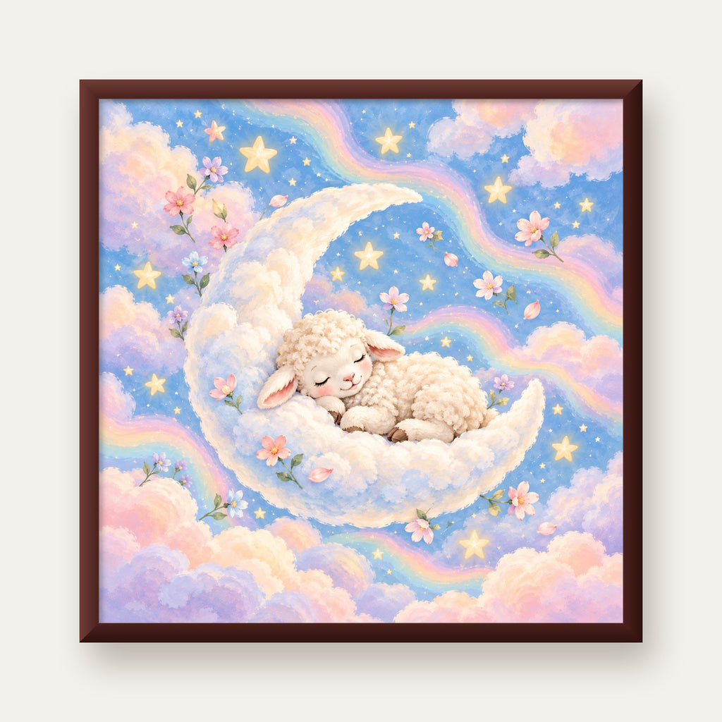 Uyuyan Kuzu ve Masalsı Gökyüzü Pastel Poster — ceviz çerçeveli