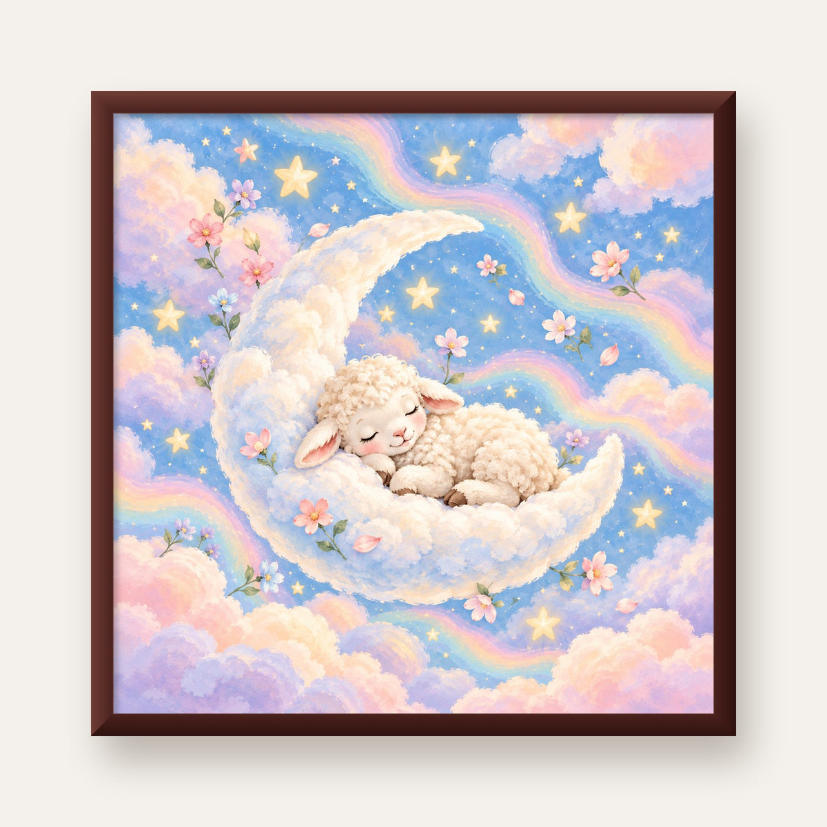 Uyuyan Kuzu ve Masalsı Gökyüzü Pastel Poster — ceviz çerçeveli