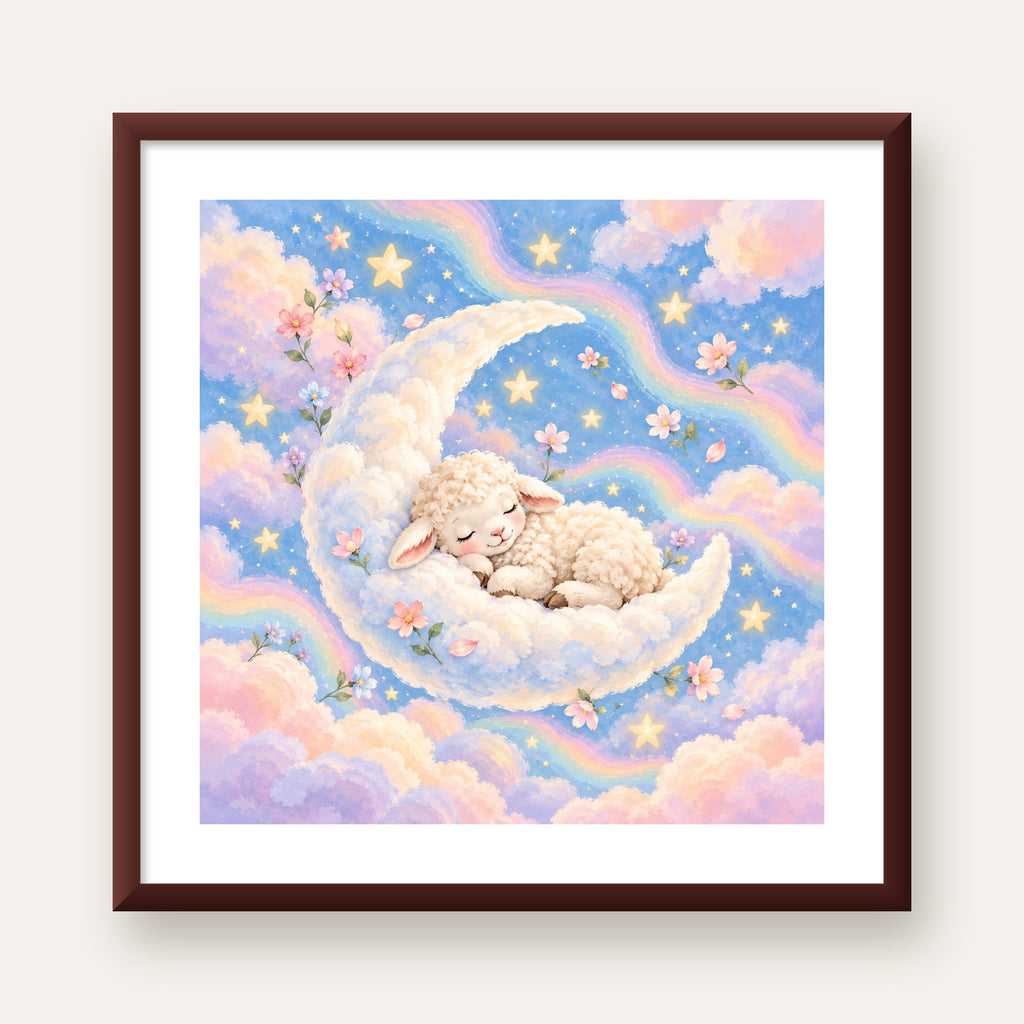 Uyuyan Kuzu ve Masalsı Gökyüzü Pastel Poster — ceviz çerçeveli paspartulu