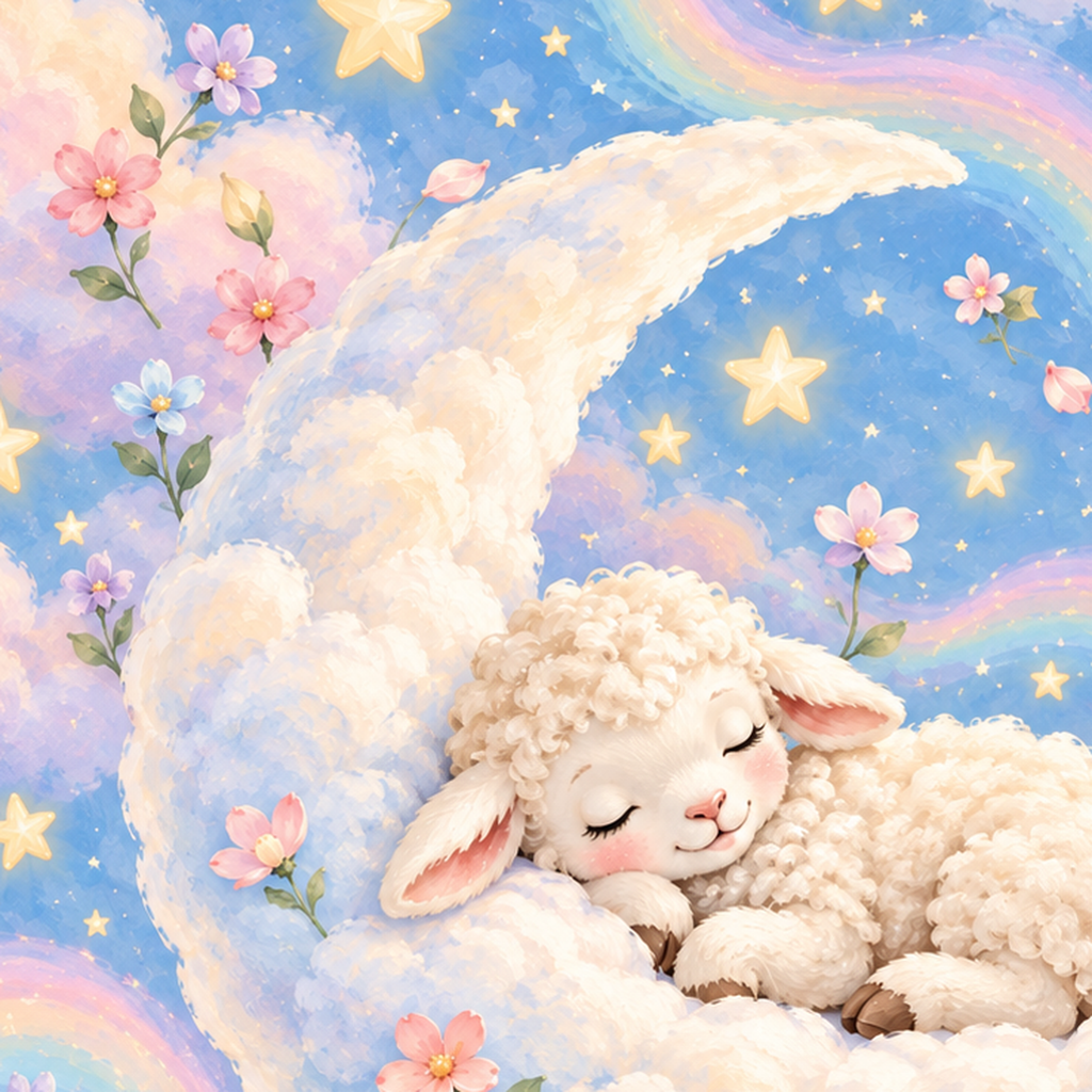 Uyuyan Kuzu ve Masalsı Gökyüzü Pastel Poster — baskının yakın çekimi, kâğıt dokusu ve renk detayı