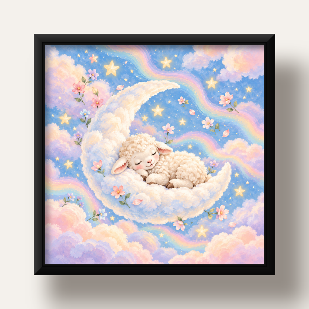 Uyuyan Kuzu ve Masalsı Gökyüzü Pastel Poster — siyah derin çerçeveli