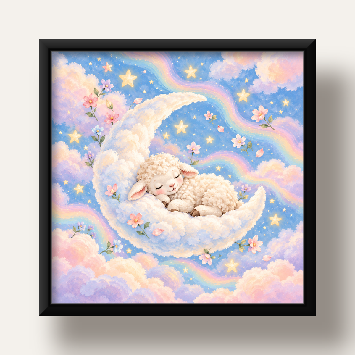 Uyuyan Kuzu ve Masalsı Gökyüzü Pastel Poster — siyah derin çerçeveli