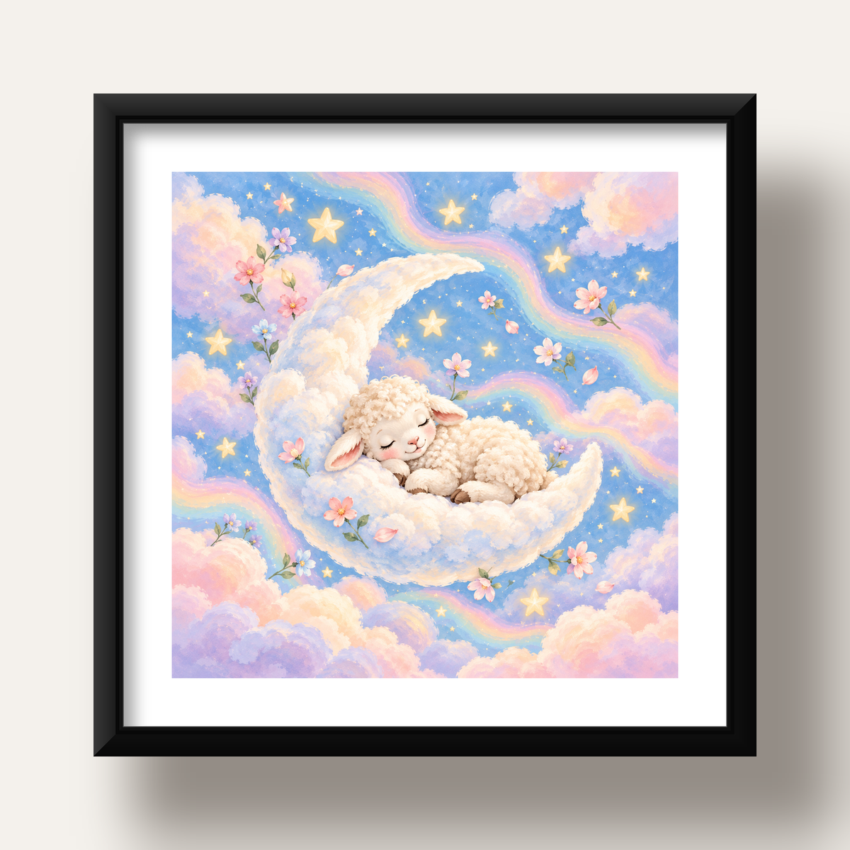 Uyuyan Kuzu ve Masalsı Gökyüzü Pastel Poster — siyah derin çerçeveli paspartulu
