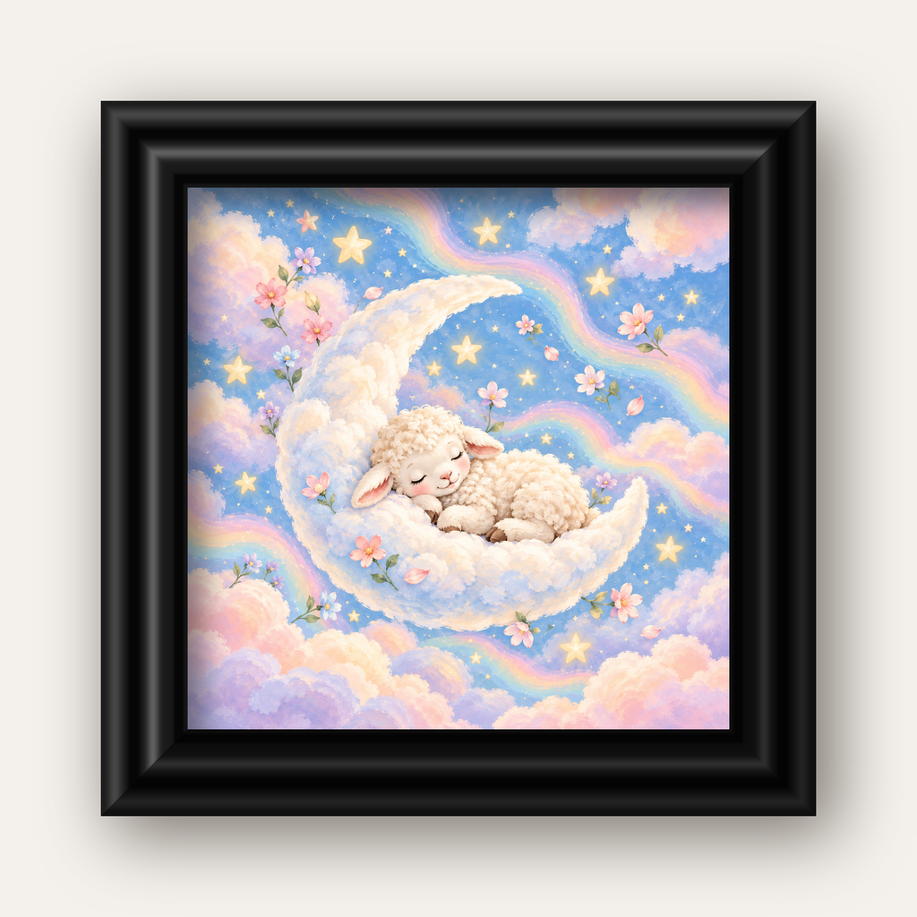 Uyuyan Kuzu ve Masalsı Gökyüzü Pastel Poster — siyah galeri çerçeveli