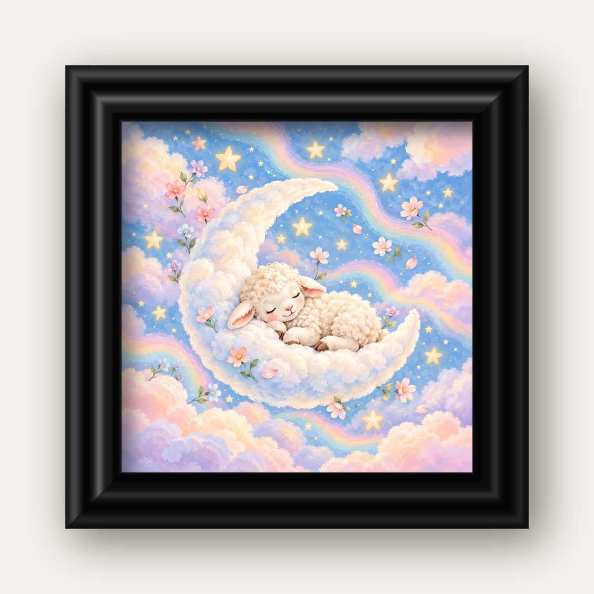 Uyuyan Kuzu ve Masalsı Gökyüzü Pastel Poster — siyah galeri çerçeveli