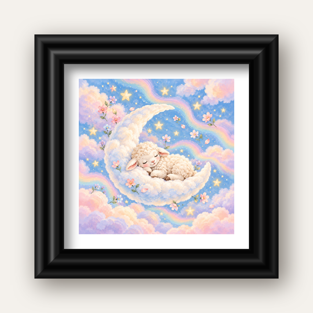 Uyuyan Kuzu ve Masalsı Gökyüzü Pastel Poster — siyah galeri çerçeveli paspartulu