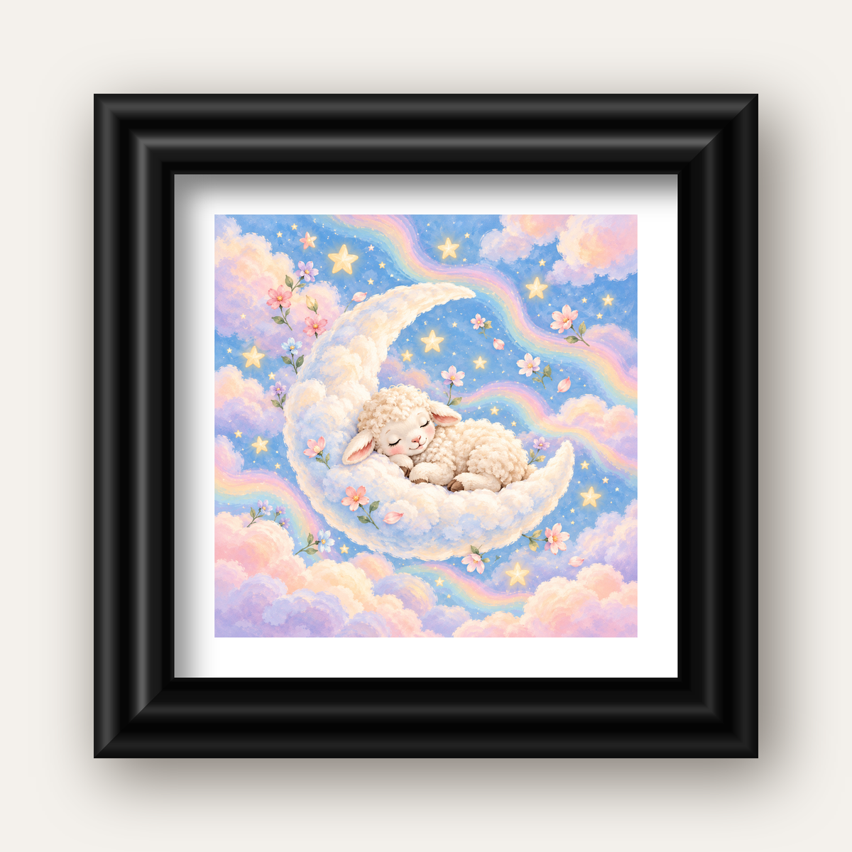 Uyuyan Kuzu ve Masalsı Gökyüzü Pastel Poster — siyah galeri çerçeveli paspartulu
