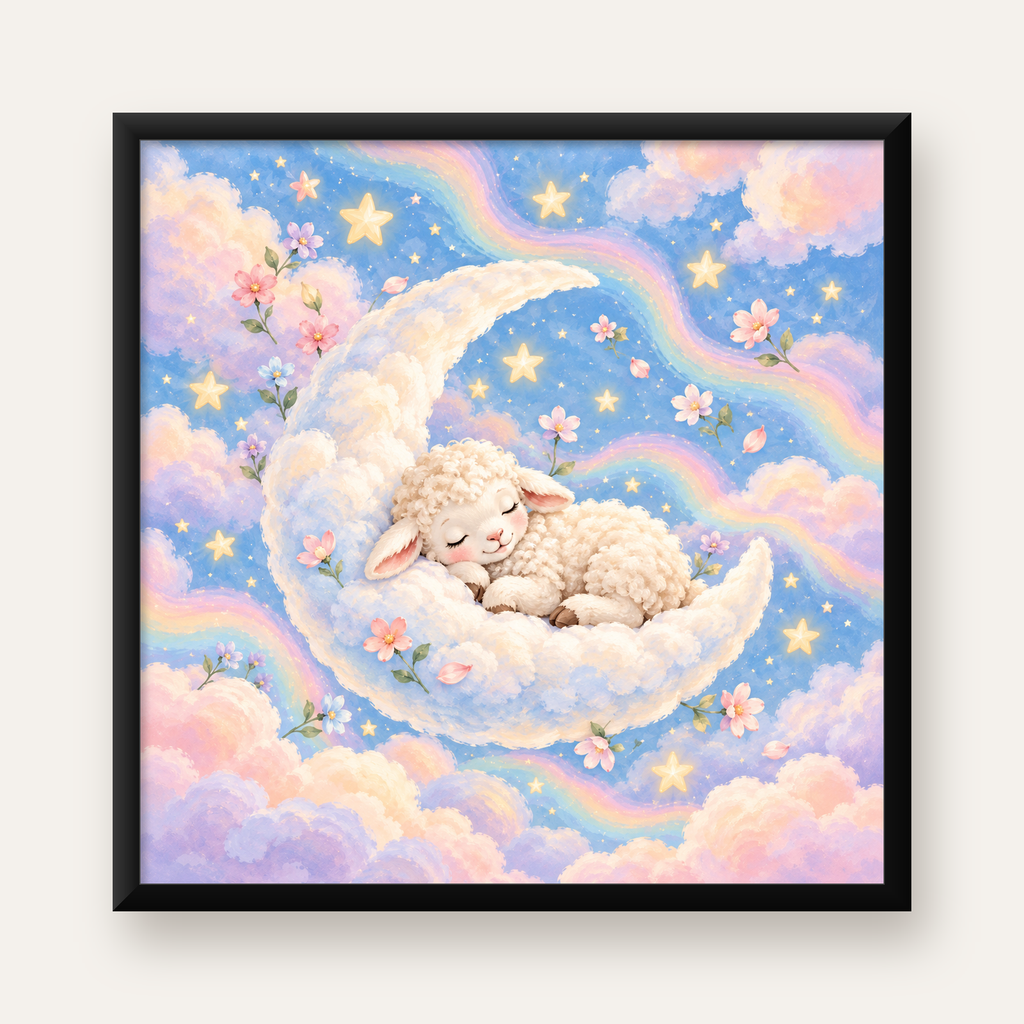 Uyuyan Kuzu ve Masalsı Gökyüzü Pastel Poster — Kare baskı, düz siyah çerçeveli duvar posteri
