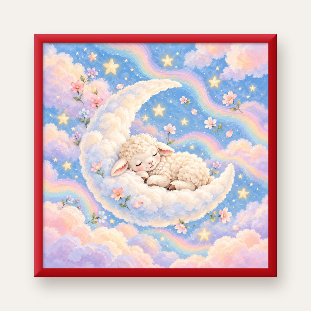 Uyuyan Kuzu ve Masalsı Gökyüzü Pastel Poster — kırmızı çerçeveli