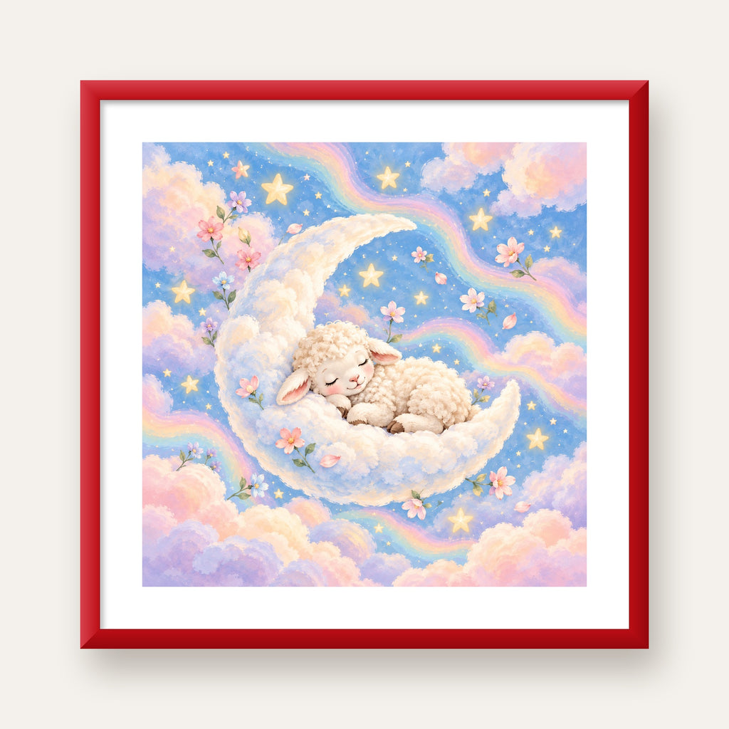 Uyuyan Kuzu ve Masalsı Gökyüzü Pastel Poster — kırmızı çerçeveli paspartulu