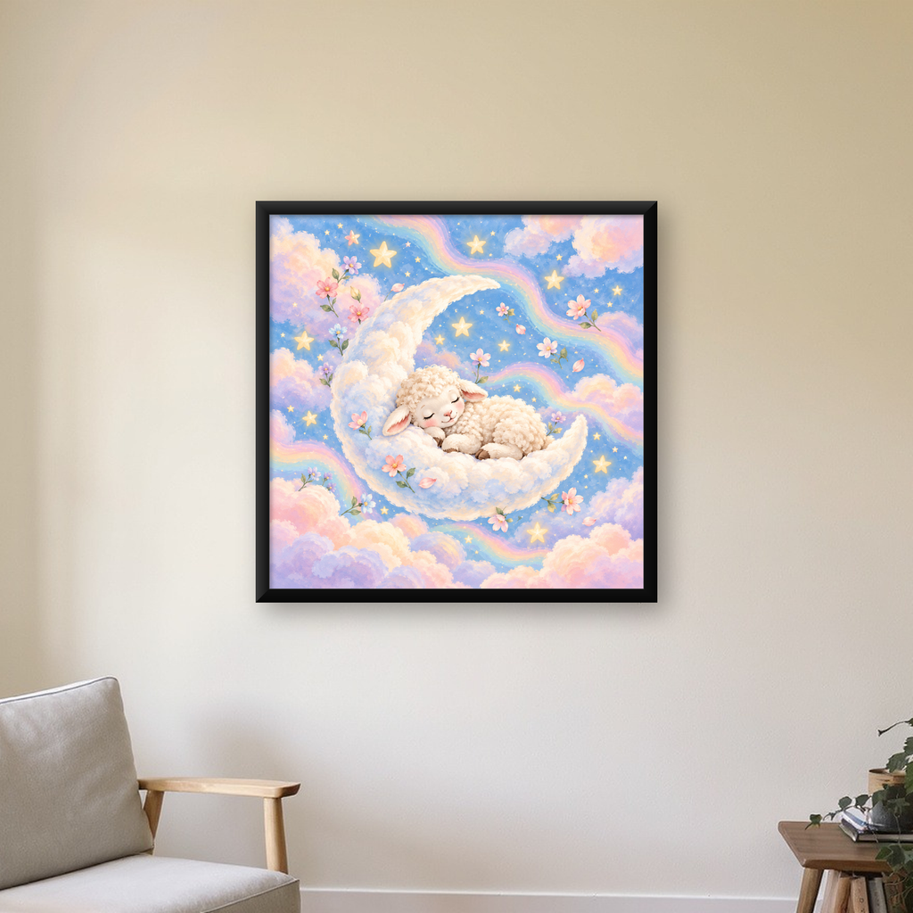 Uyuyan Kuzu ve Masalsı Gökyüzü Pastel Poster — Kare baskı, çerçeveli hâliyle bir ev duvarında