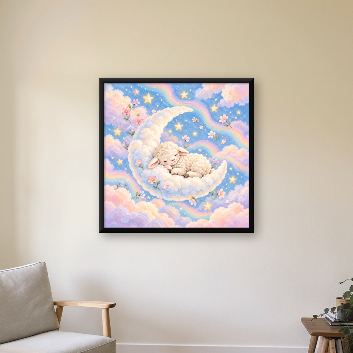 Uyuyan Kuzu ve Masalsı Gökyüzü Pastel Poster — Kare baskı, çerçeveli hâliyle bir ev duvarında
