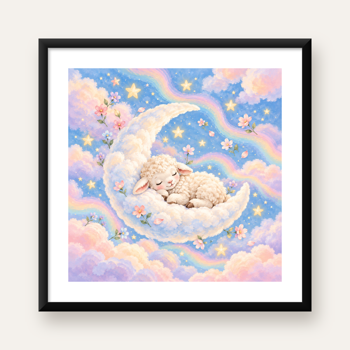Uyuyan Kuzu ve Masalsı Gökyüzü Pastel Poster — Kare baskı, beyaz paspartulu
