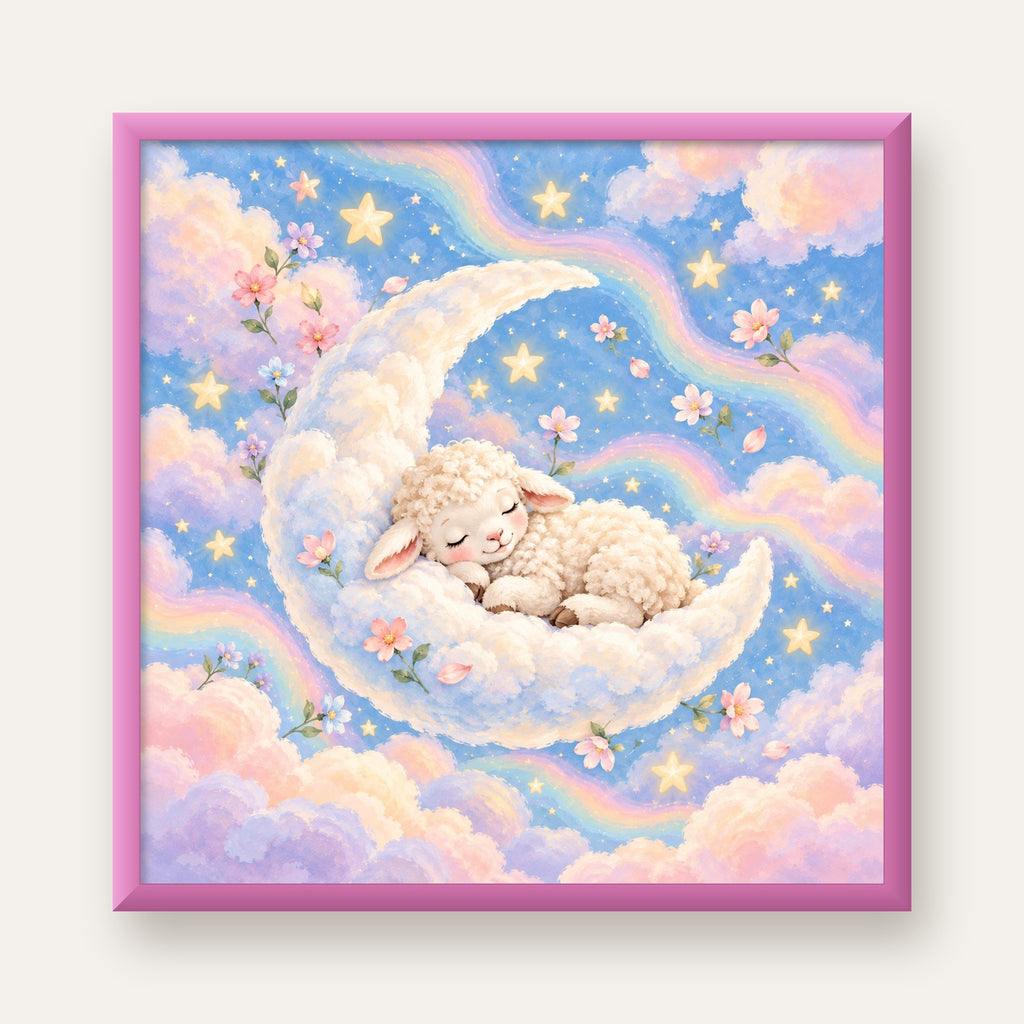 Uyuyan Kuzu ve Masalsı Gökyüzü Pastel Poster — pembe çerçeveli