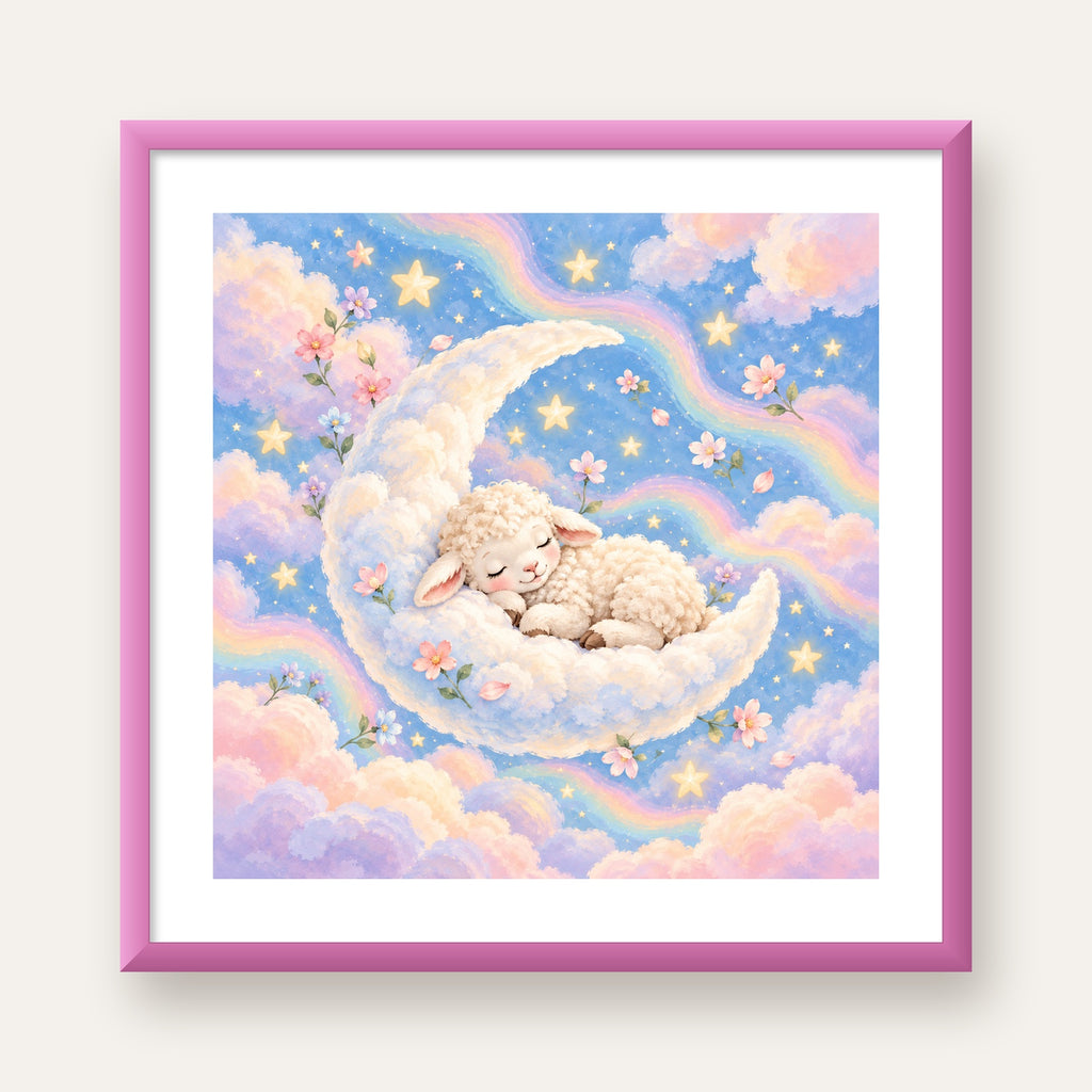 Uyuyan Kuzu ve Masalsı Gökyüzü Pastel Poster — pembe çerçeveli paspartulu