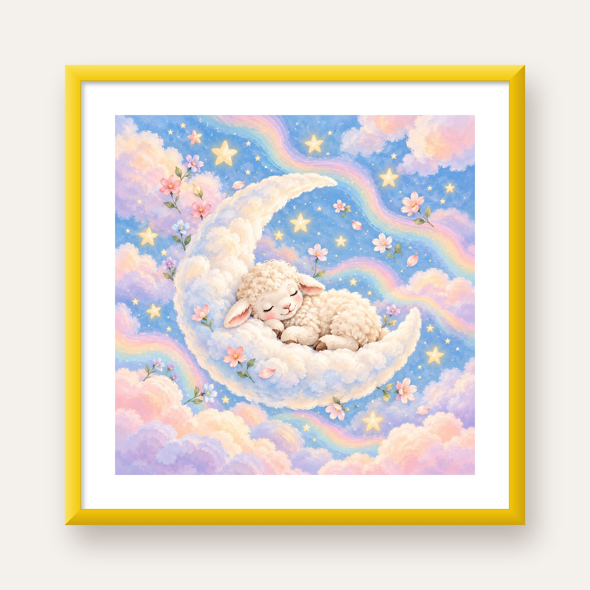 Uyuyan Kuzu ve Masalsı Gökyüzü Pastel Poster — sarı çerçeveli paspartulu