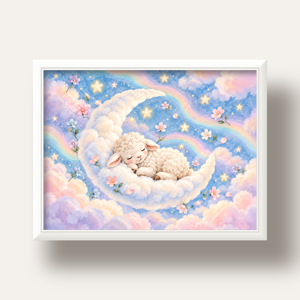 Uyuyan Kuzu ve Masalsı Gökyüzü Pastel Poster — beyaz derin çerçeveli