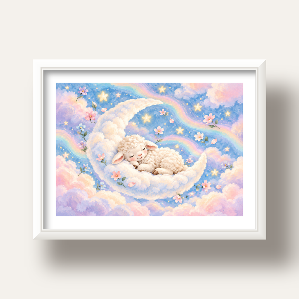 Uyuyan Kuzu ve Masalsı Gökyüzü Pastel Poster — beyaz derin çerçeveli paspartulu