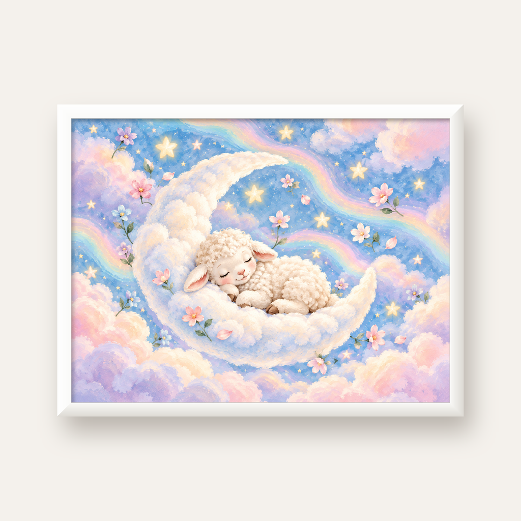 Uyuyan Kuzu ve Masalsı Gökyüzü Pastel Poster — beyaz çerçeveli yatay poster