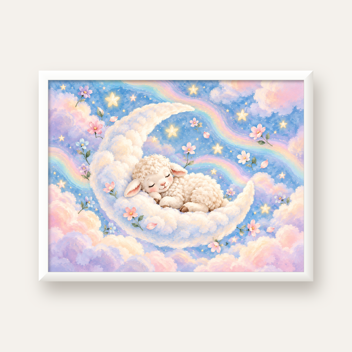 Uyuyan Kuzu ve Masalsı Gökyüzü Pastel Poster — beyaz çerçeveli yatay poster
