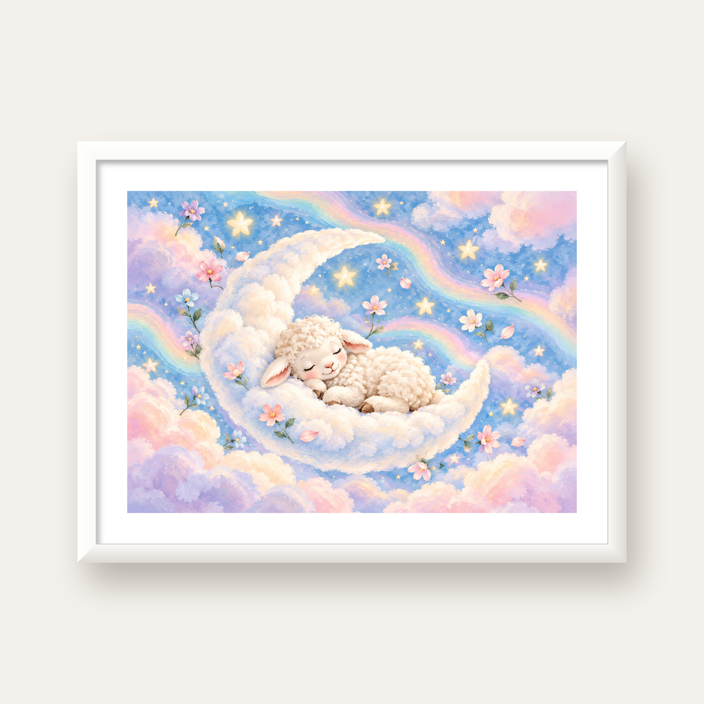 Uyuyan Kuzu ve Masalsı Gökyüzü Pastel Poster — beyaz çerçeveli yatay poster