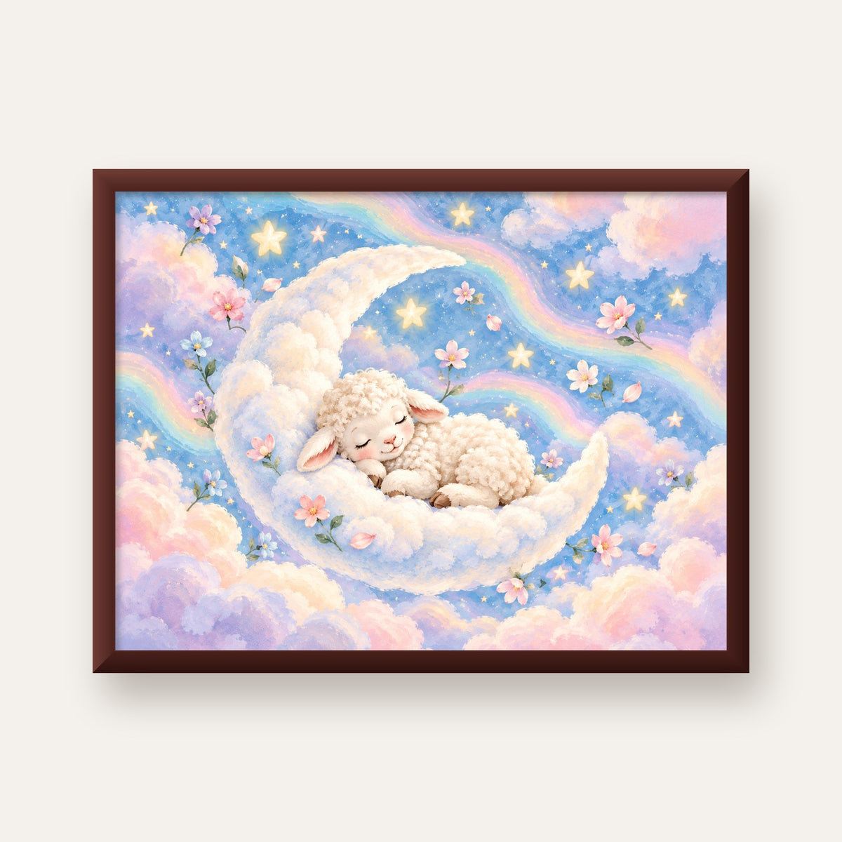 Uyuyan Kuzu ve Masalsı Gökyüzü Pastel Poster — ceviz çerçeveli