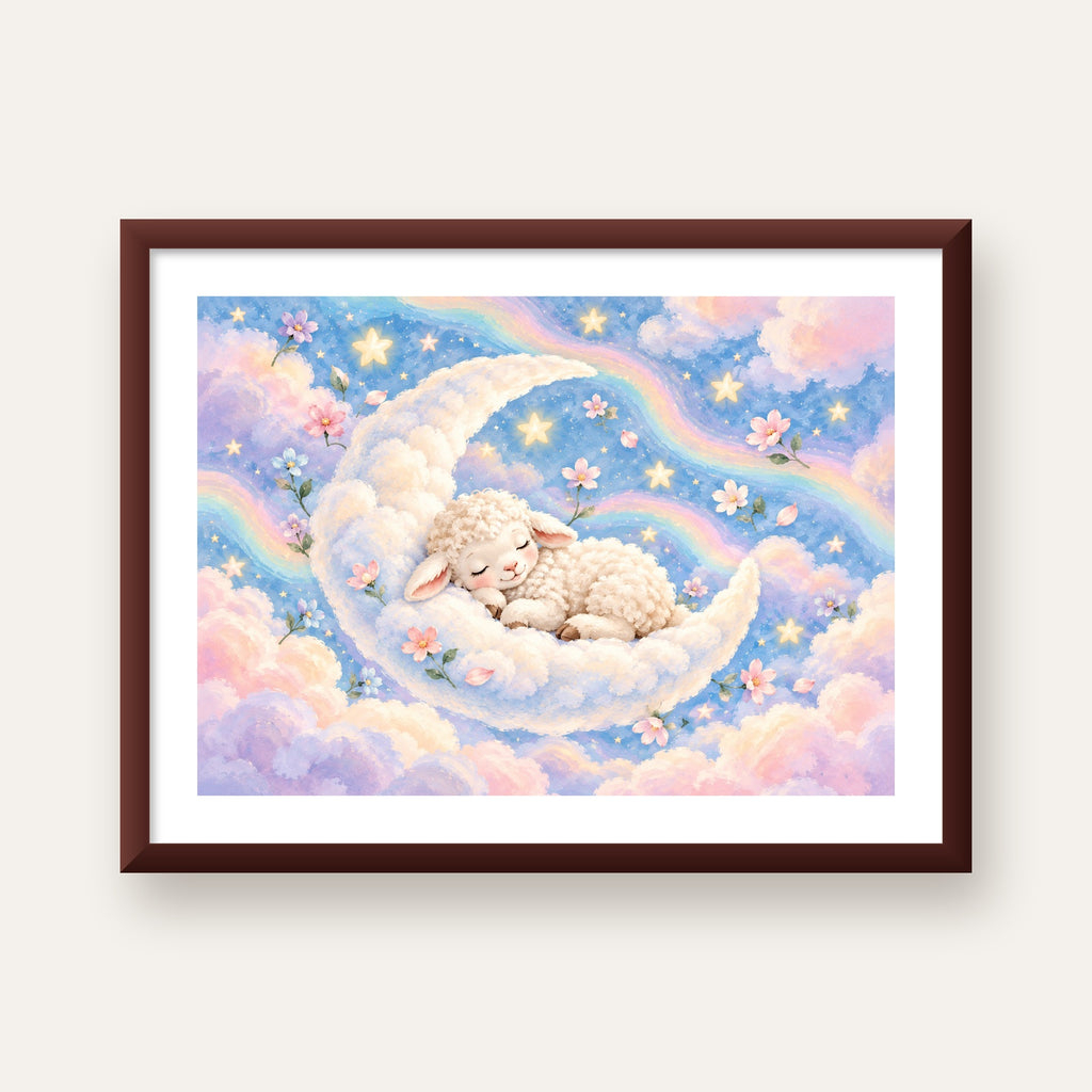 Uyuyan Kuzu ve Masalsı Gökyüzü Pastel Poster — ceviz çerçeveli paspartulu