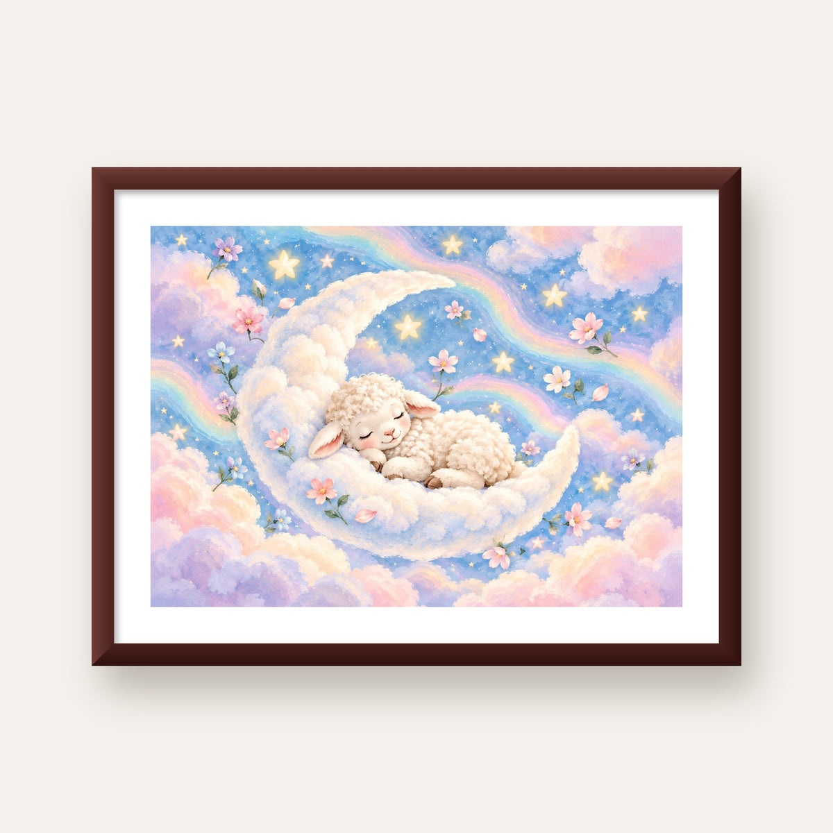 Uyuyan Kuzu ve Masalsı Gökyüzü Pastel Poster — ceviz çerçeveli paspartulu
