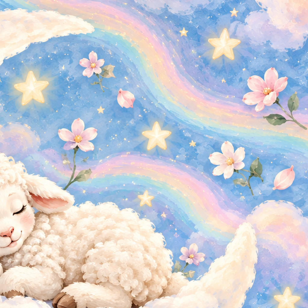 Uyuyan Kuzu ve Masalsı Gökyüzü Pastel Poster — baskının yakın çekimi, kâğıt dokusu ve renk detayı