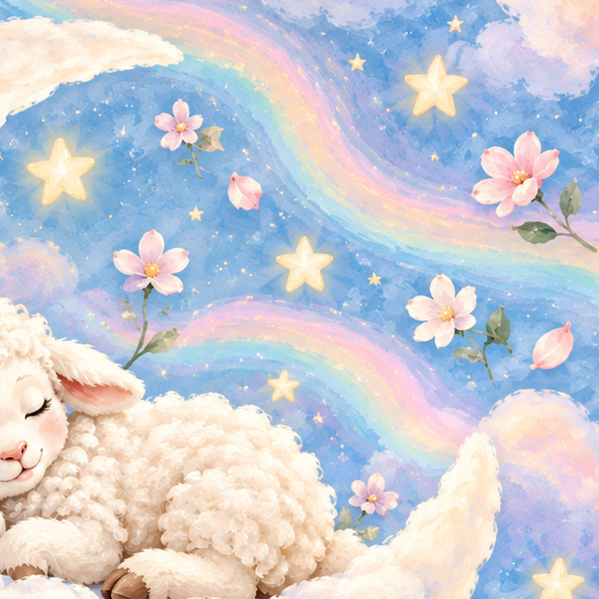 Uyuyan Kuzu ve Masalsı Gökyüzü Pastel Poster — baskının yakın çekimi, kâğıt dokusu ve renk detayı