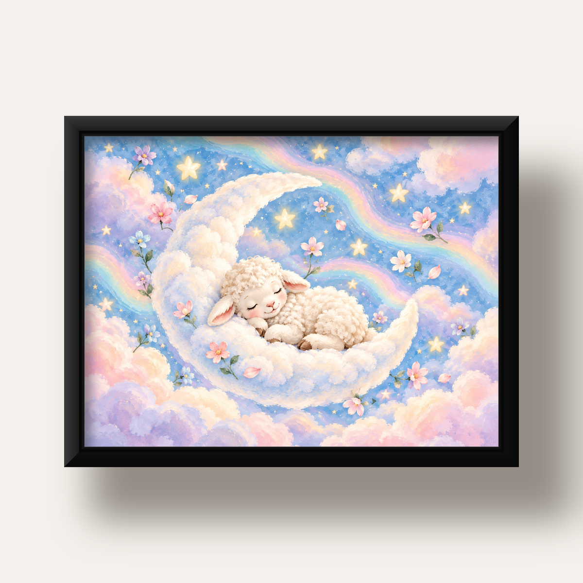 Uyuyan Kuzu ve Masalsı Gökyüzü Pastel Poster — siyah derin çerçeveli