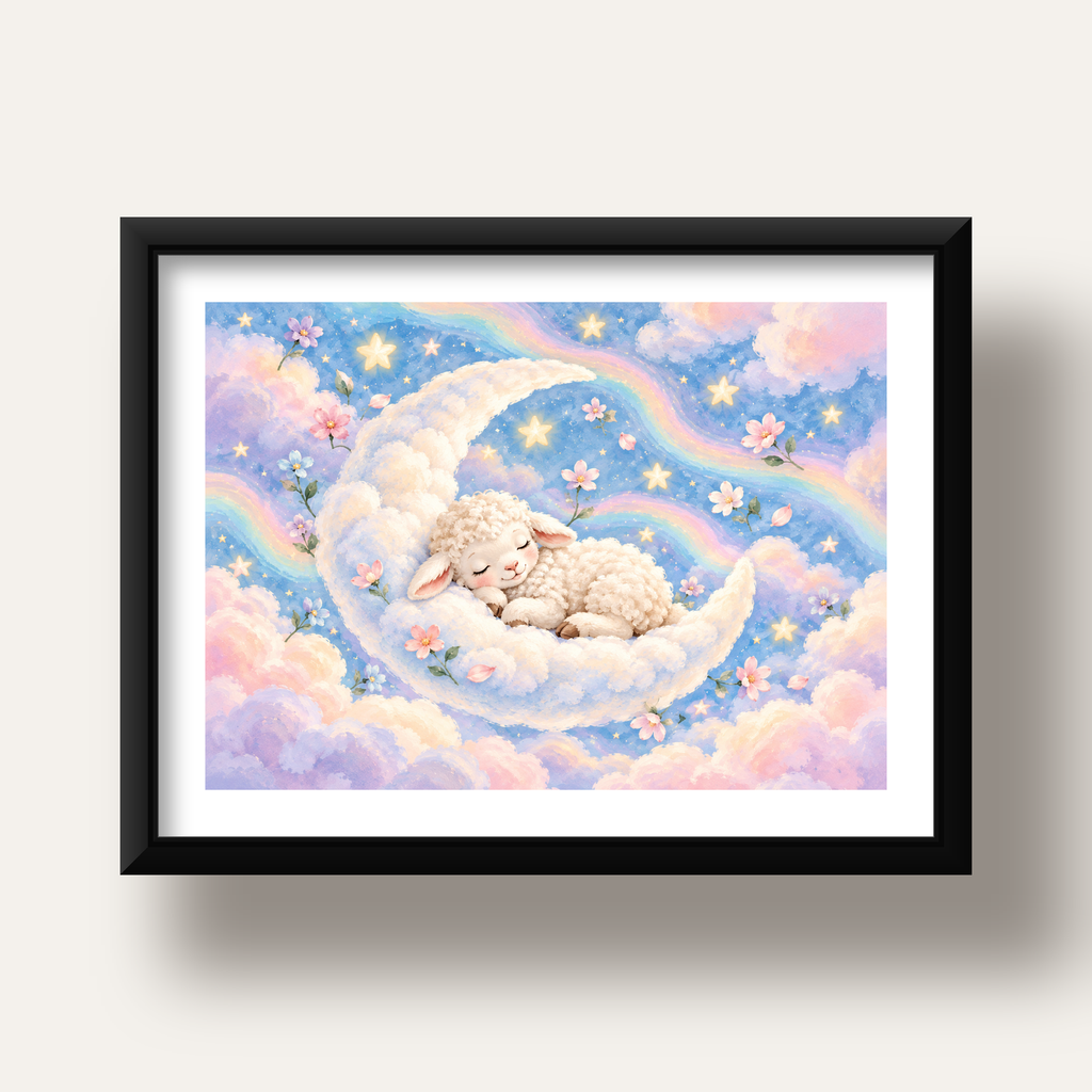Uyuyan Kuzu ve Masalsı Gökyüzü Pastel Poster — siyah derin çerçeveli paspartulu