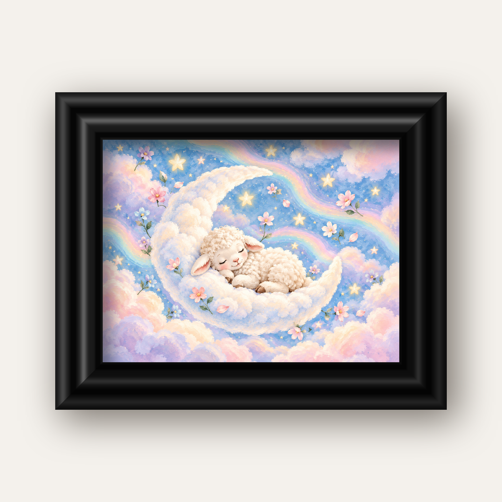 Uyuyan Kuzu ve Masalsı Gökyüzü Pastel Poster — siyah galeri çerçeveli