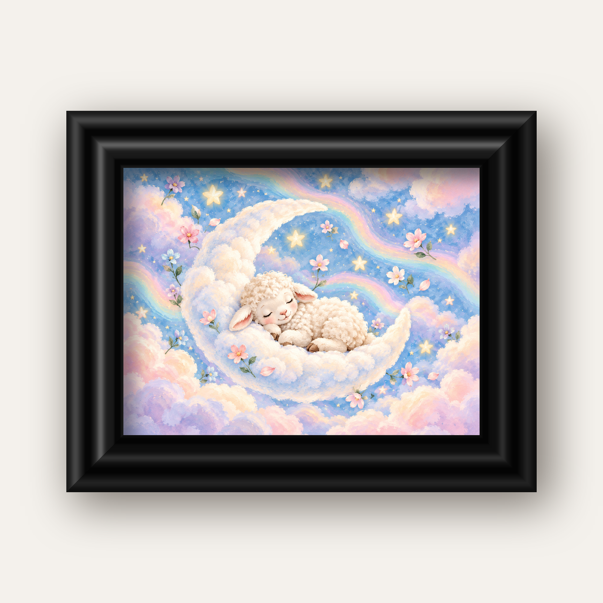 Uyuyan Kuzu ve Masalsı Gökyüzü Pastel Poster — siyah galeri çerçeveli