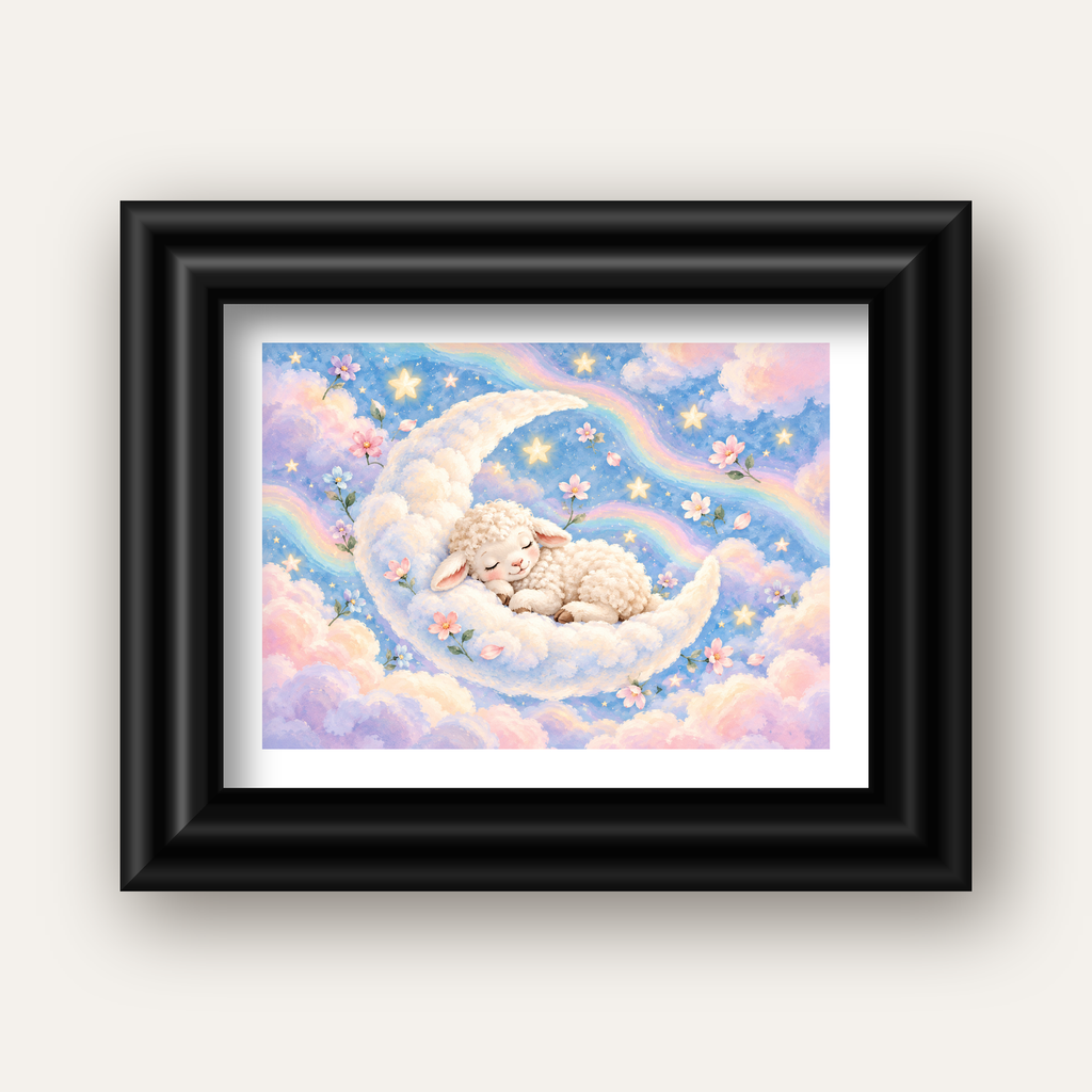 Uyuyan Kuzu ve Masalsı Gökyüzü Pastel Poster — siyah galeri çerçeveli paspartulu