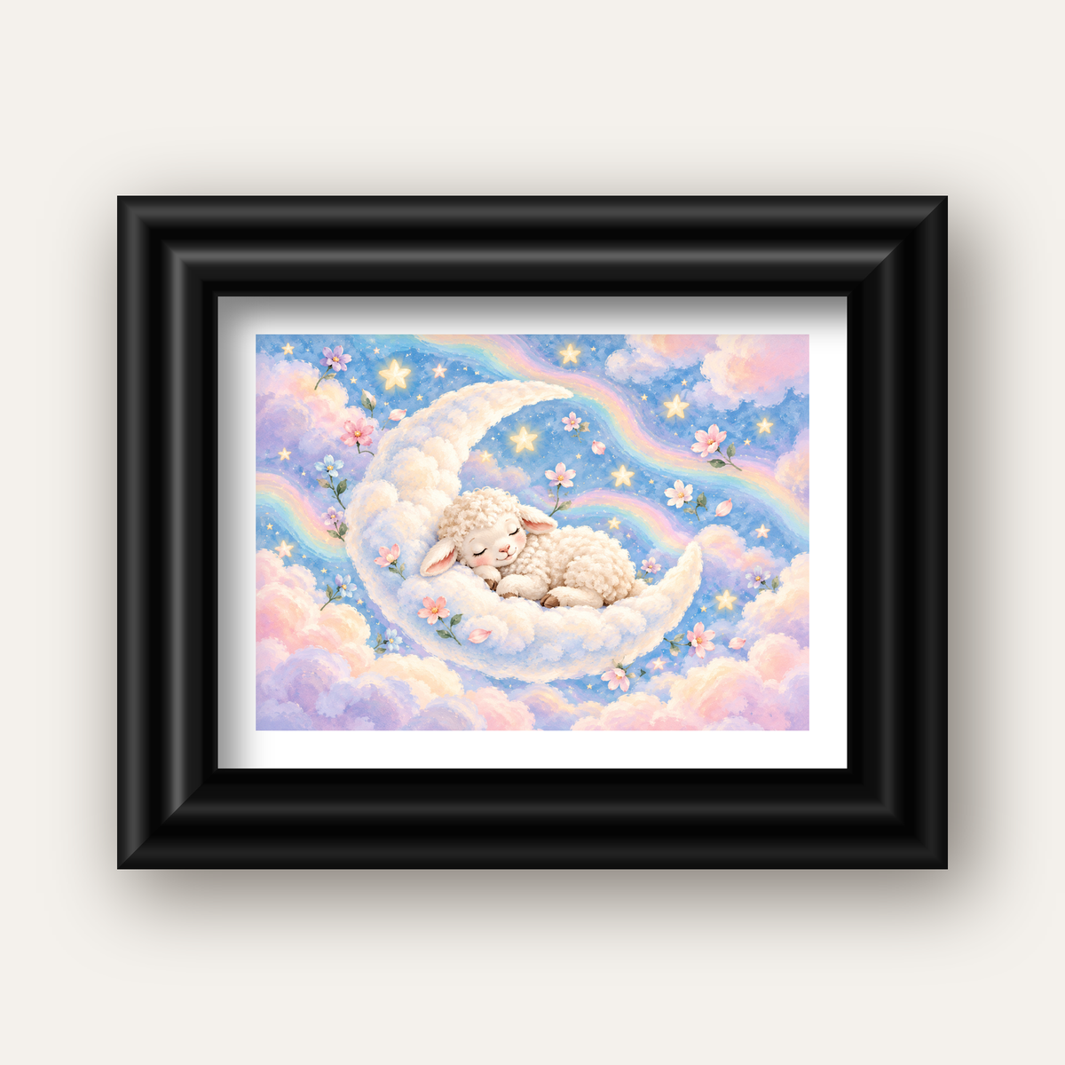 Uyuyan Kuzu ve Masalsı Gökyüzü Pastel Poster — siyah galeri çerçeveli paspartulu