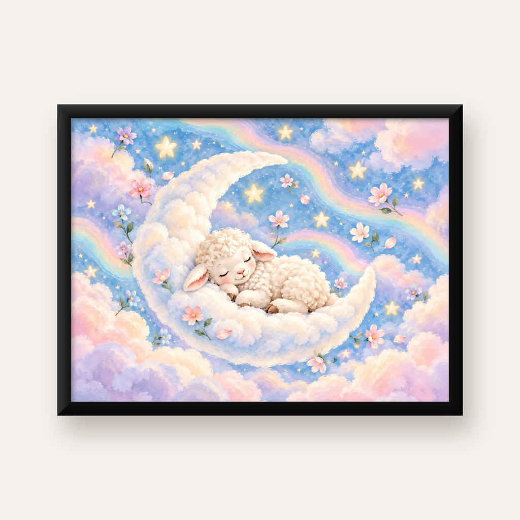 Uyuyan Kuzu ve Masalsı Gökyüzü Pastel Poster — Yatay baskı, düz siyah çerçeveli duvar posteri