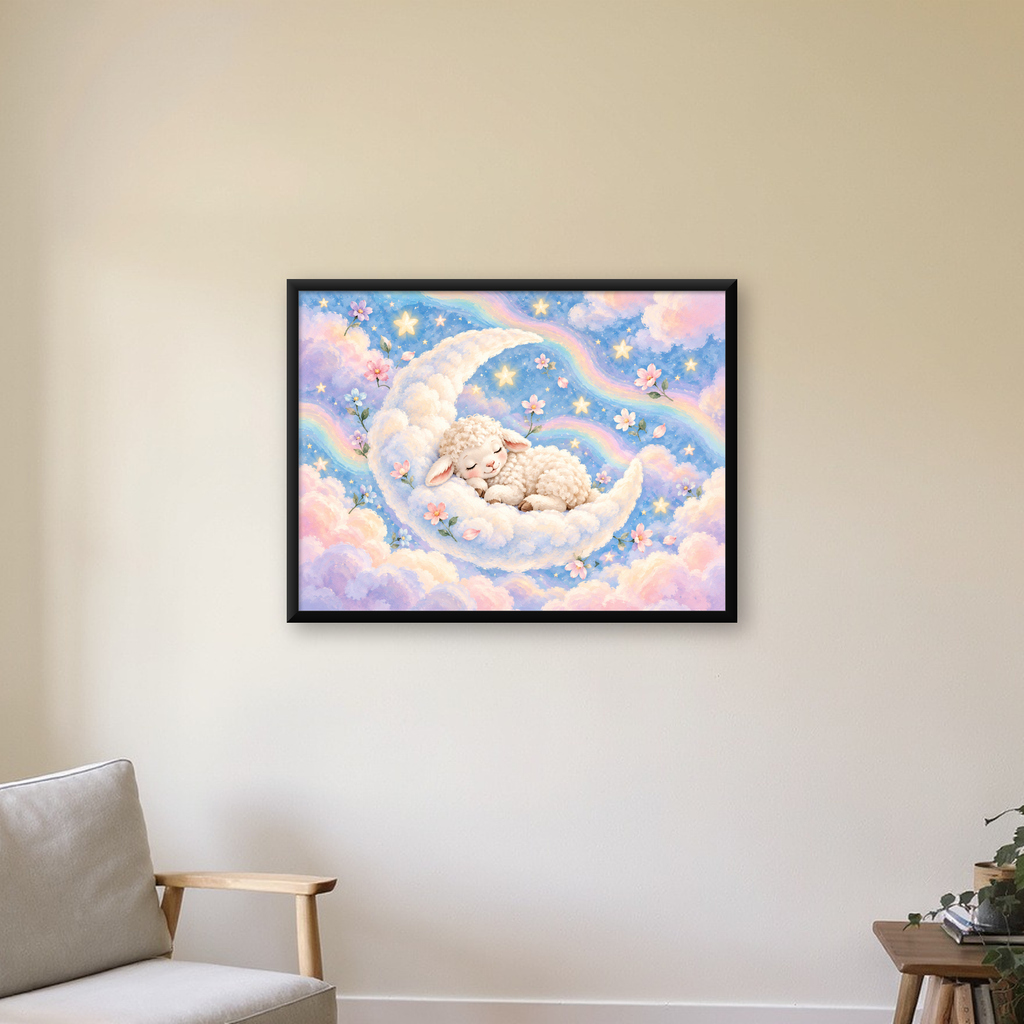 Uyuyan Kuzu ve Masalsı Gökyüzü Pastel Poster — Yatay baskı, çerçeveli hâliyle bir ev duvarında