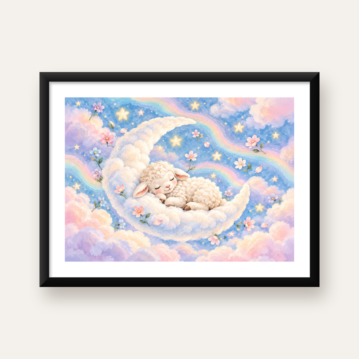 Uyuyan Kuzu ve Masalsı Gökyüzü Pastel Poster — Yatay baskı, beyaz paspartulu
