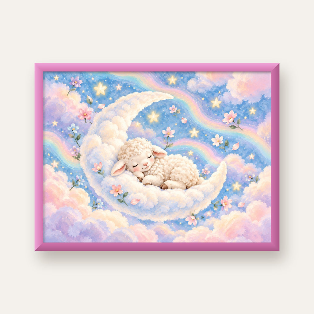 Uyuyan Kuzu ve Masalsı Gökyüzü Pastel Poster — pembe çerçeveli
