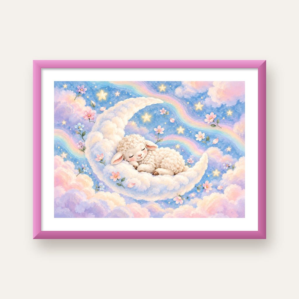Uyuyan Kuzu ve Masalsı Gökyüzü Pastel Poster — pembe çerçeveli paspartulu