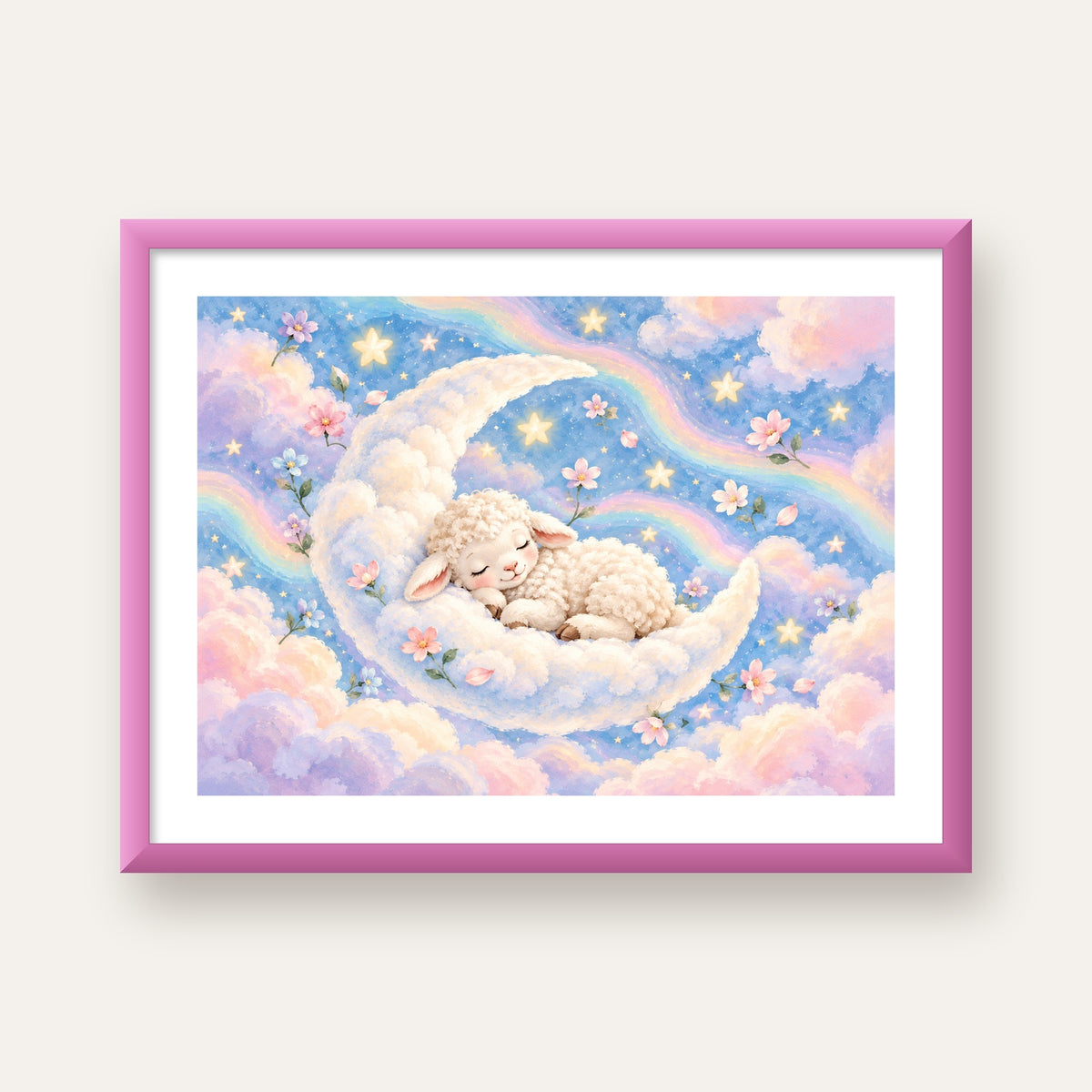 Uyuyan Kuzu ve Masalsı Gökyüzü Pastel Poster — pembe çerçeveli paspartulu