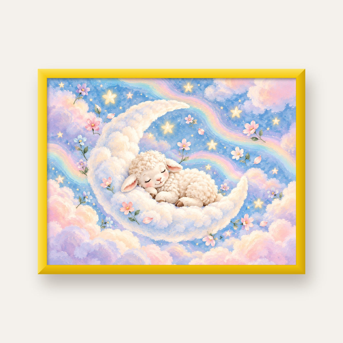 Uyuyan Kuzu ve Masalsı Gökyüzü Pastel Poster — sarı çerçeveli